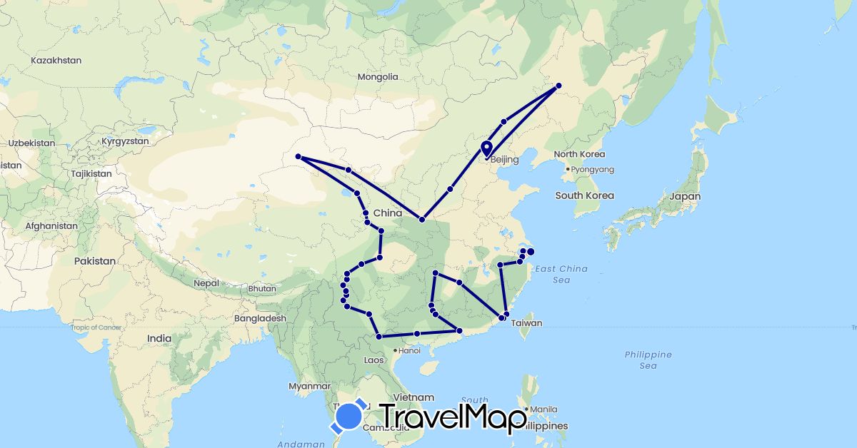 TravelMap itinerary: driving in China, Taiwan, Vietnam (Asia)